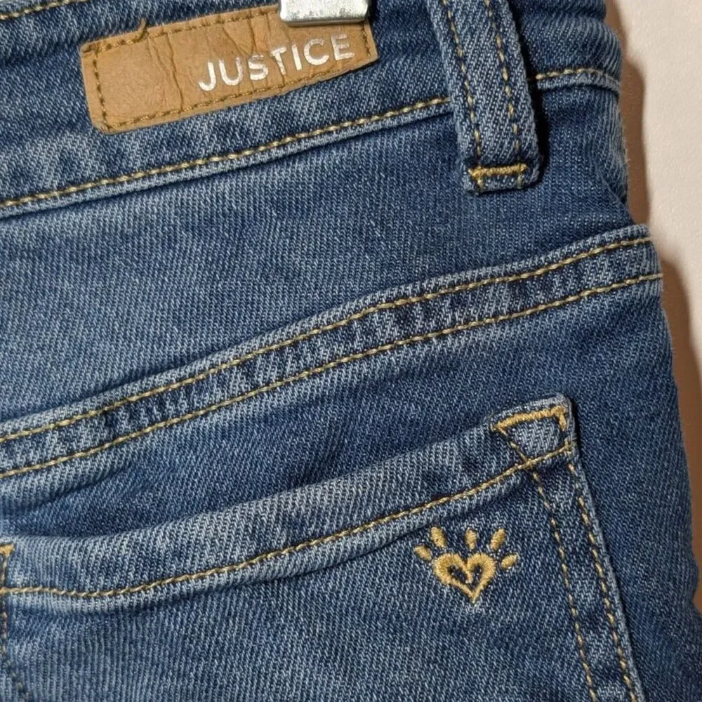 Justice Girls 10 Embroidered Distressed Denim Shorts Blue Cuffed Stretch Floral